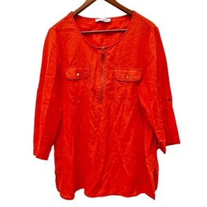 Emily‎ Daniels Women's Top XL Orange Linen Blend 3/4 Sleeve Zip Front